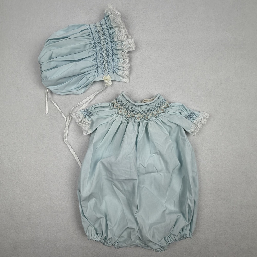 Precious Child Newborn Blue Smocked Floral Lace Romper & Bonnet Vintage
